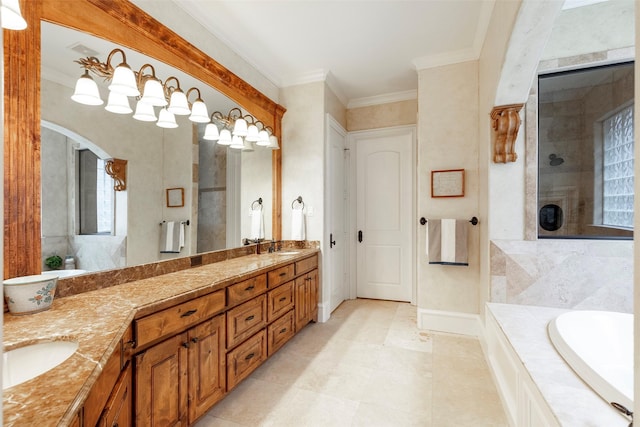 bathroom featuring crown molding, vanity, and shower with separate bathtub