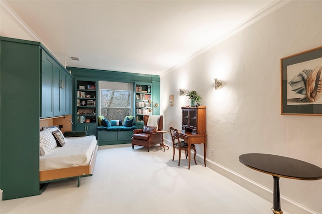 living area featuring crown molding and carpet flooring