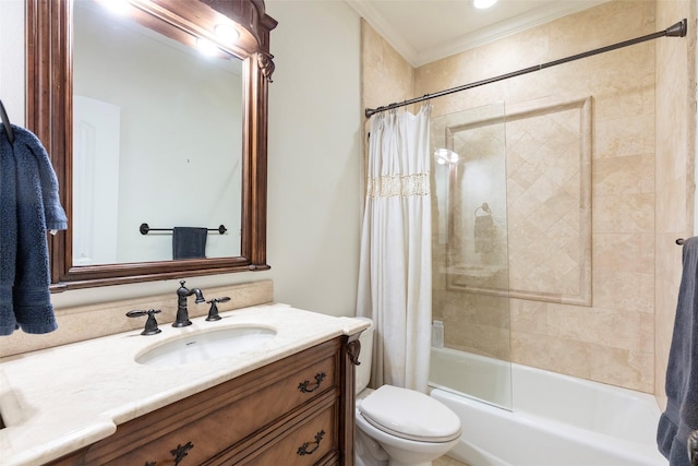 full bathroom featuring ornamental molding, toilet, vanity, and shower / tub combo with curtain