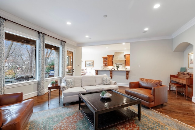 living room with crown molding and dark wood-type flooring