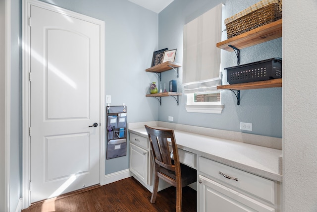 home office featuring built in desk and dark hardwood / wood-style flooring