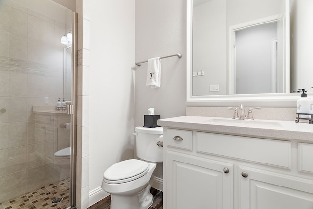 bathroom with vanity, toilet, and walk in shower