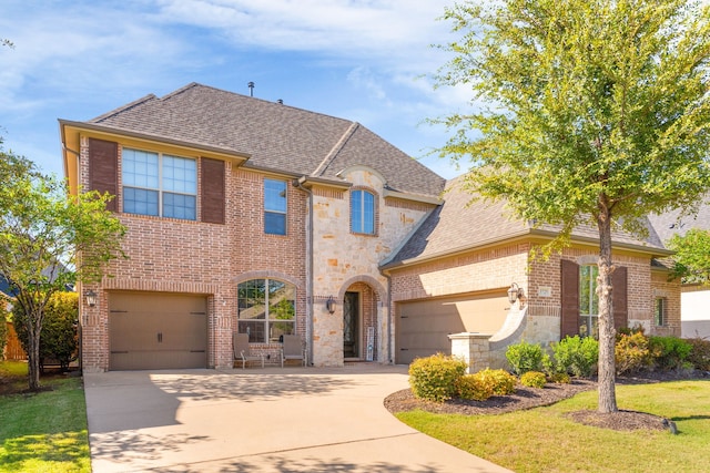 view of front of house with a garage and a front lawn