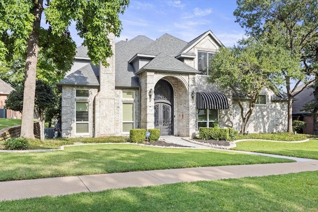 view of front facade with cooling unit and a front lawn