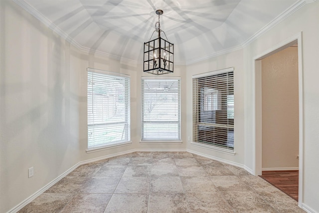 unfurnished dining area with crown molding and a chandelier