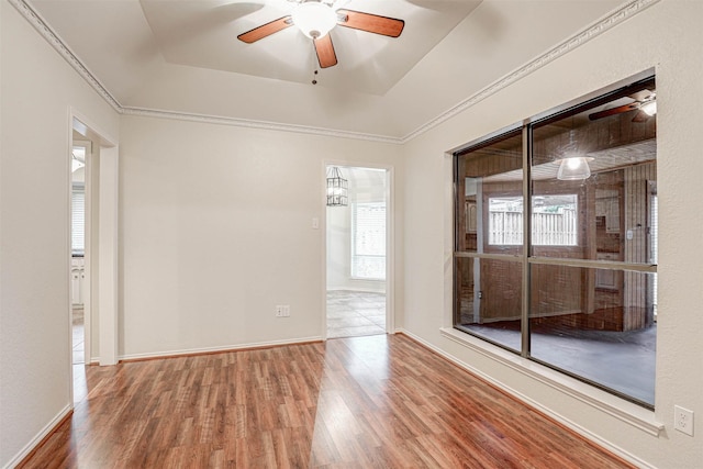 empty room featuring hardwood / wood-style flooring, ceiling fan, and a raised ceiling