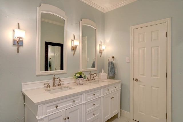 bathroom with vanity and ornamental molding