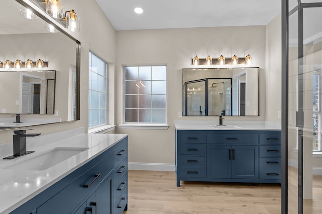 bathroom with vanity, a shower with door, and hardwood / wood-style floors