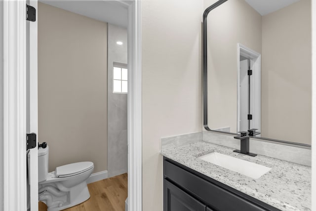 bathroom with vanity, toilet, and hardwood / wood-style floors