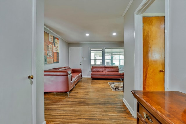 living room featuring crown molding and wood-type flooring