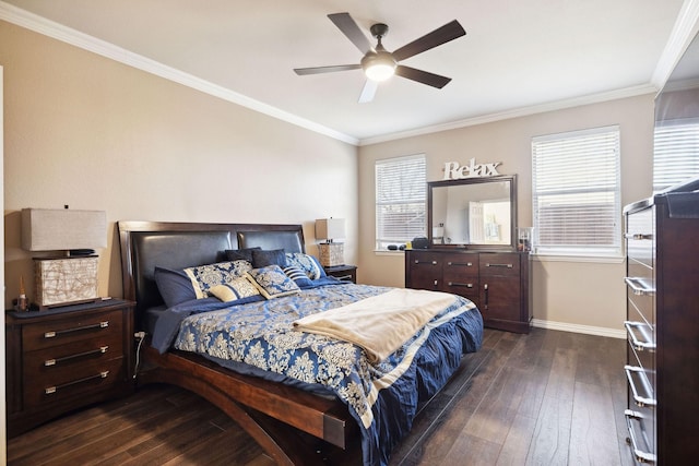 bedroom with ceiling fan, ornamental molding, and dark hardwood / wood-style flooring