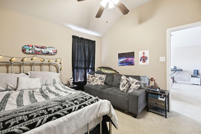 bedroom with vaulted ceiling, light colored carpet, and ceiling fan