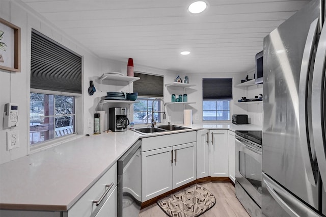 kitchen with sink, kitchen peninsula, stainless steel appliances, light hardwood / wood-style floors, and white cabinets