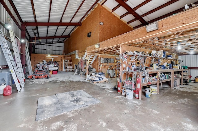 garage with a workshop area
