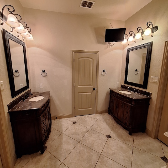 bathroom with two vanities, tile patterned flooring, visible vents, and a sink