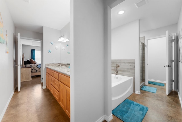 bathroom featuring vanity, plus walk in shower, and concrete floors