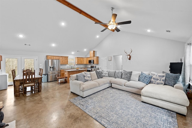 living room with high vaulted ceiling, french doors, and ceiling fan