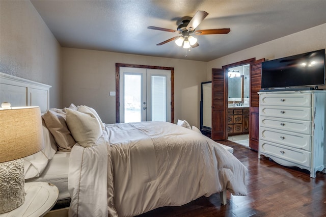 bedroom featuring french doors, ceiling fan, connected bathroom, and dark hardwood / wood-style floors