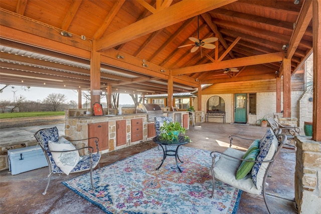 view of patio featuring area for grilling, a gazebo, grilling area, and ceiling fan