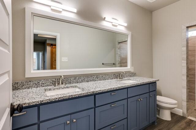 bathroom with vanity, hardwood / wood-style floors, and toilet