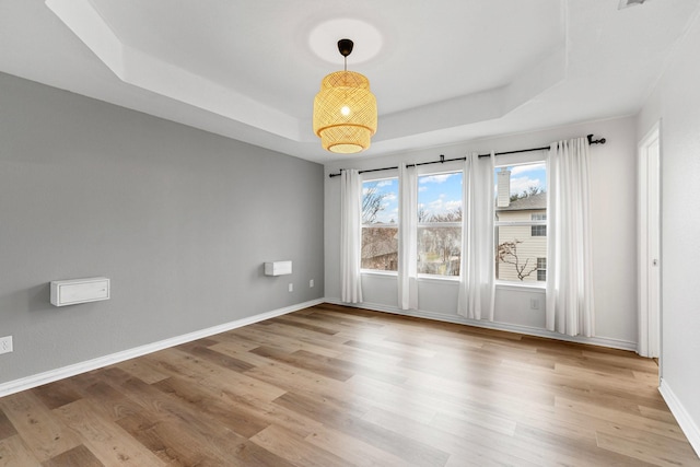 empty room featuring a tray ceiling and light hardwood / wood-style floors