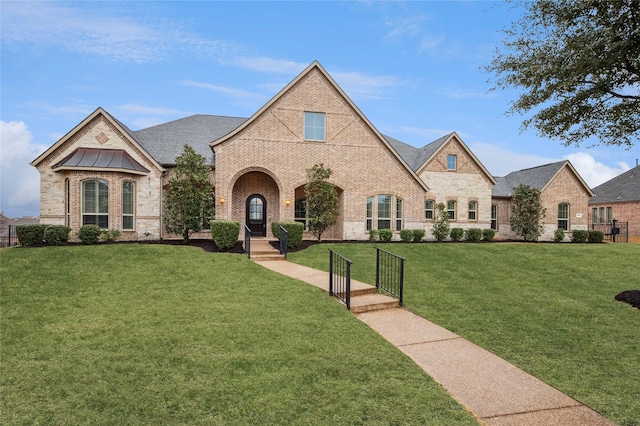 view of front of house with brick siding, a shingled roof, and a front lawn