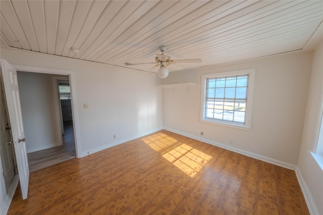 unfurnished room featuring hardwood / wood-style floors, wooden ceiling, and ceiling fan