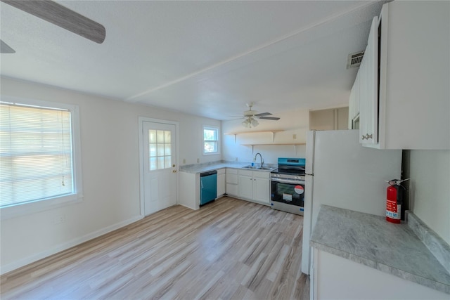 kitchen featuring sink, ceiling fan, appliances with stainless steel finishes, white cabinetry, and light wood-type flooring