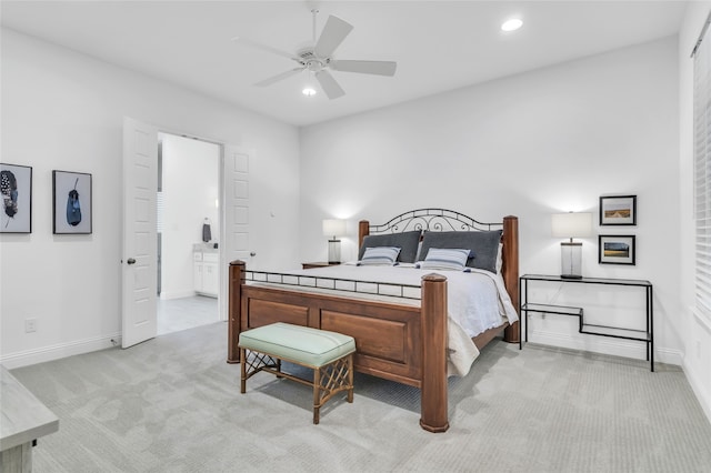 bedroom featuring light carpet and ceiling fan