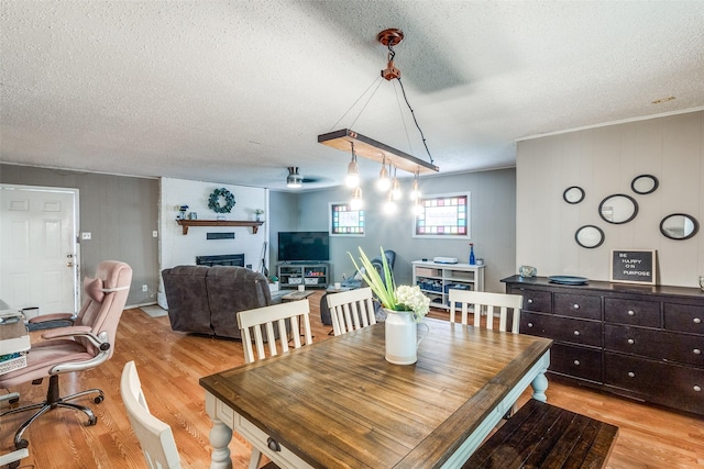 dining room with light hardwood / wood-style floors and a textured ceiling