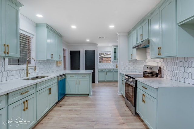 kitchen with dishwashing machine, a peninsula, stainless steel electric range, under cabinet range hood, and a sink