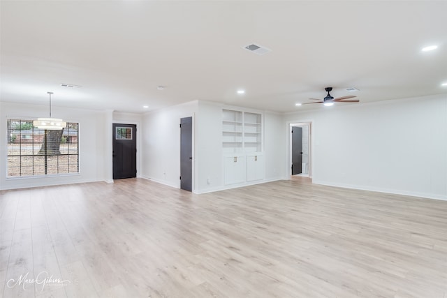 spare room with ceiling fan, light wood-style flooring, recessed lighting, visible vents, and crown molding