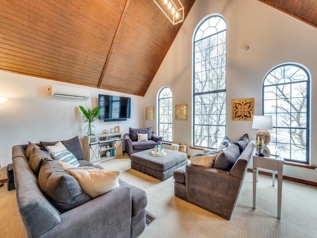 carpeted living room featuring high vaulted ceiling, wooden ceiling, and an AC wall unit