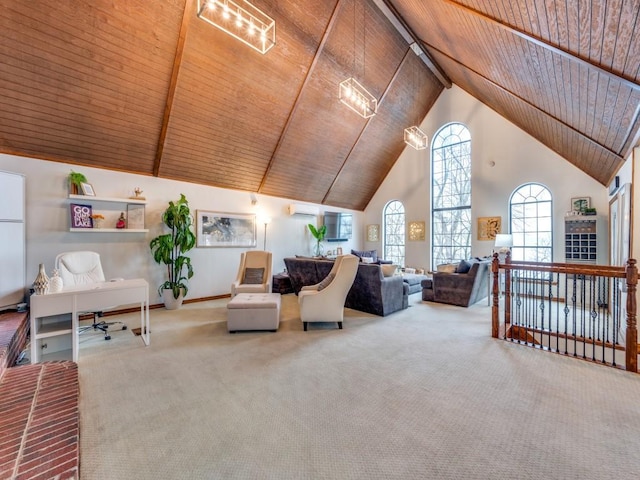 sitting room featuring high vaulted ceiling, carpet floors, and wooden ceiling