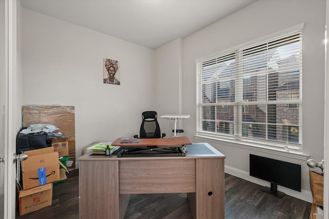 office with dark wood-type flooring