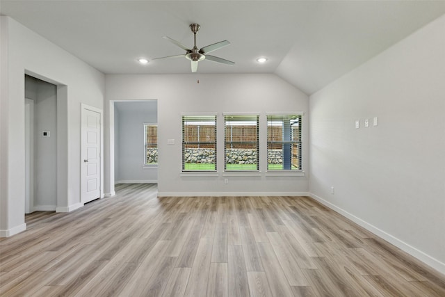 unfurnished living room with ceiling fan, a healthy amount of sunlight, and light wood-type flooring