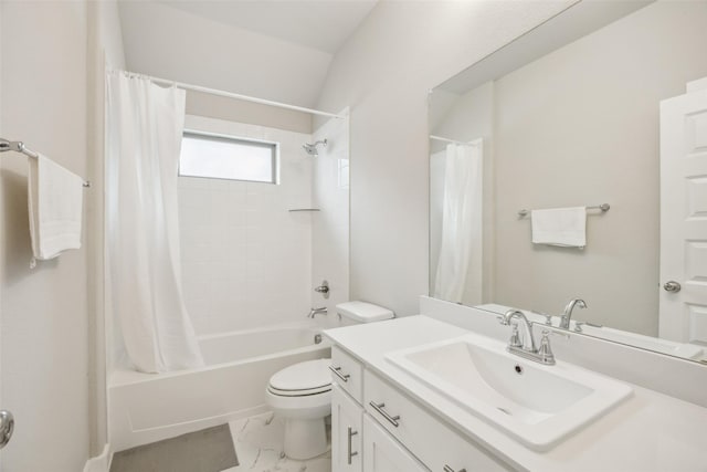 full bathroom with vanity, shower / bathtub combination with curtain, and toilet