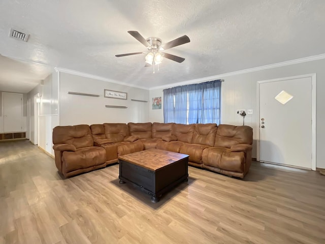 living room featuring light hardwood / wood-style flooring, ornamental molding, and a textured ceiling