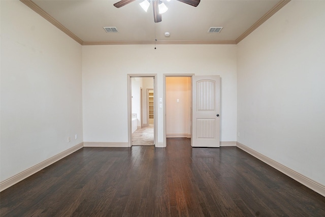 unfurnished room featuring crown molding, ceiling fan, and dark hardwood / wood-style flooring