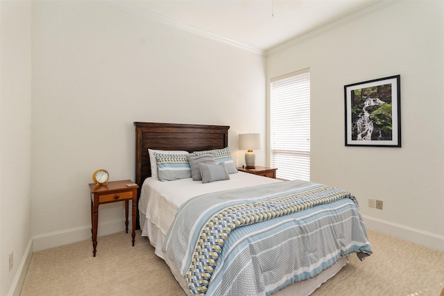 carpeted bedroom with crown molding