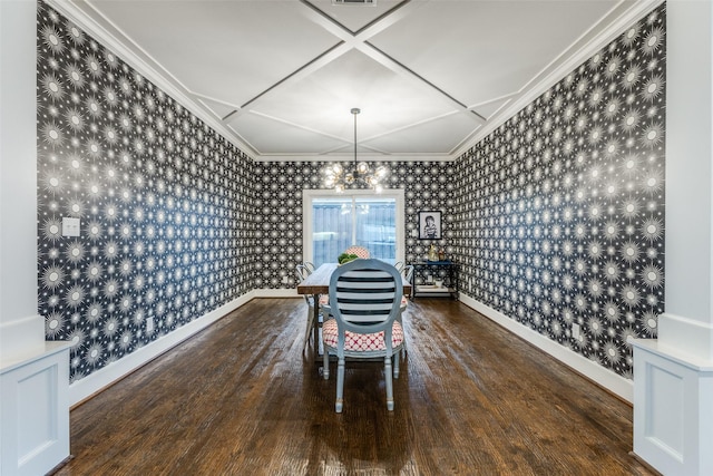 unfurnished dining area featuring coffered ceiling, a chandelier, and dark hardwood / wood-style flooring