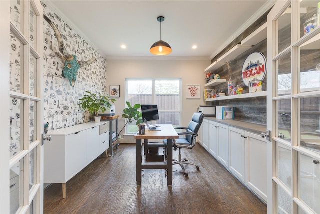 office area featuring crown molding and dark hardwood / wood-style floors