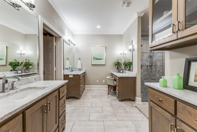 bathroom featuring crown molding, vanity, tile patterned floors, and walk in shower