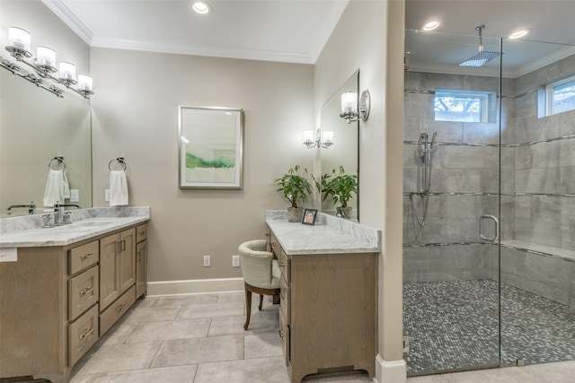 bathroom featuring crown molding, tile patterned floors, vanity, and a shower with door