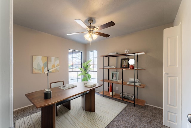 office featuring ceiling fan and carpet flooring