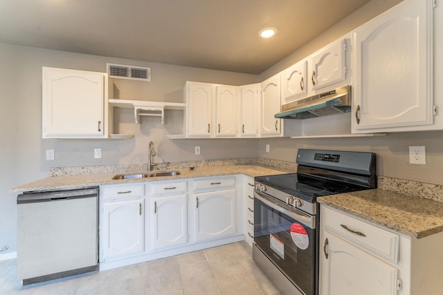 kitchen with electric stove, sink, white cabinetry, and dishwasher