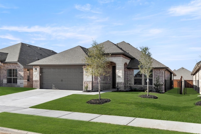 french provincial home with a garage and a front yard