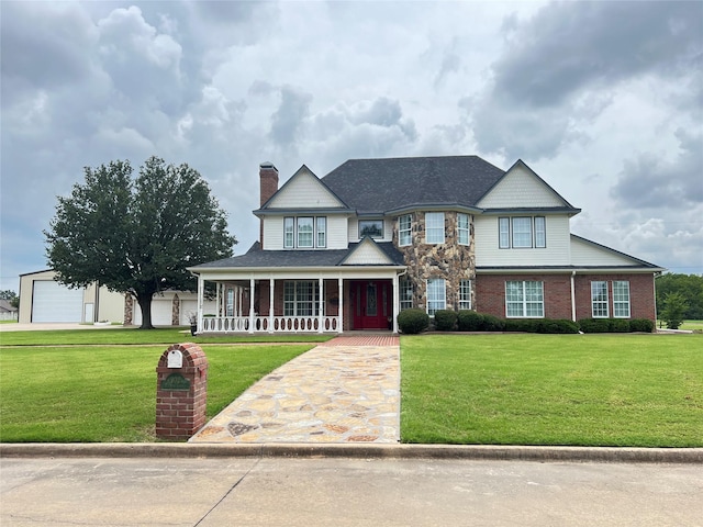 view of front of home with a garage, brick siding, covered porch, and a front lawn