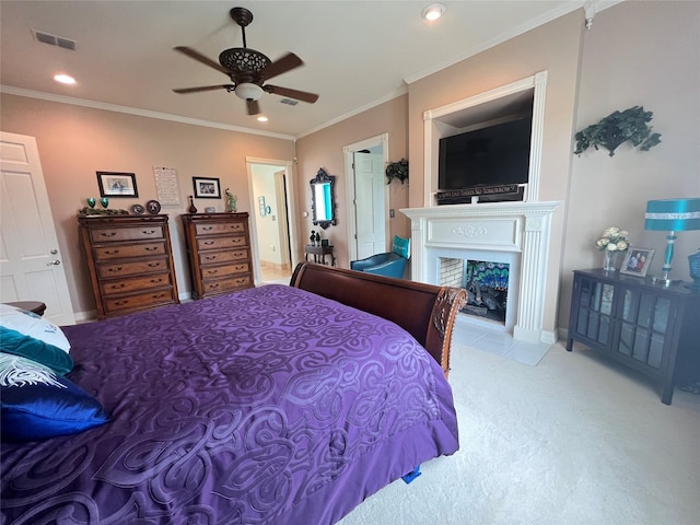 bedroom featuring ceiling fan, ornamental molding, and light carpet