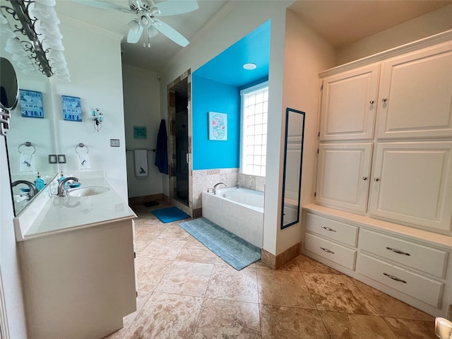 bathroom featuring vanity, separate shower and tub, and ceiling fan